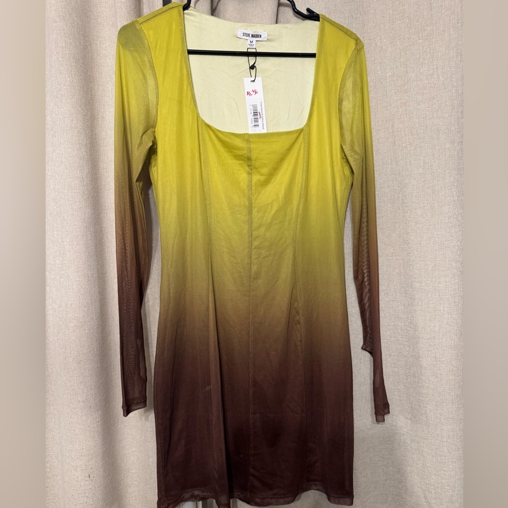 Steve Madden Ombré Yellow Brown Bodycon Dress Long Sleeve